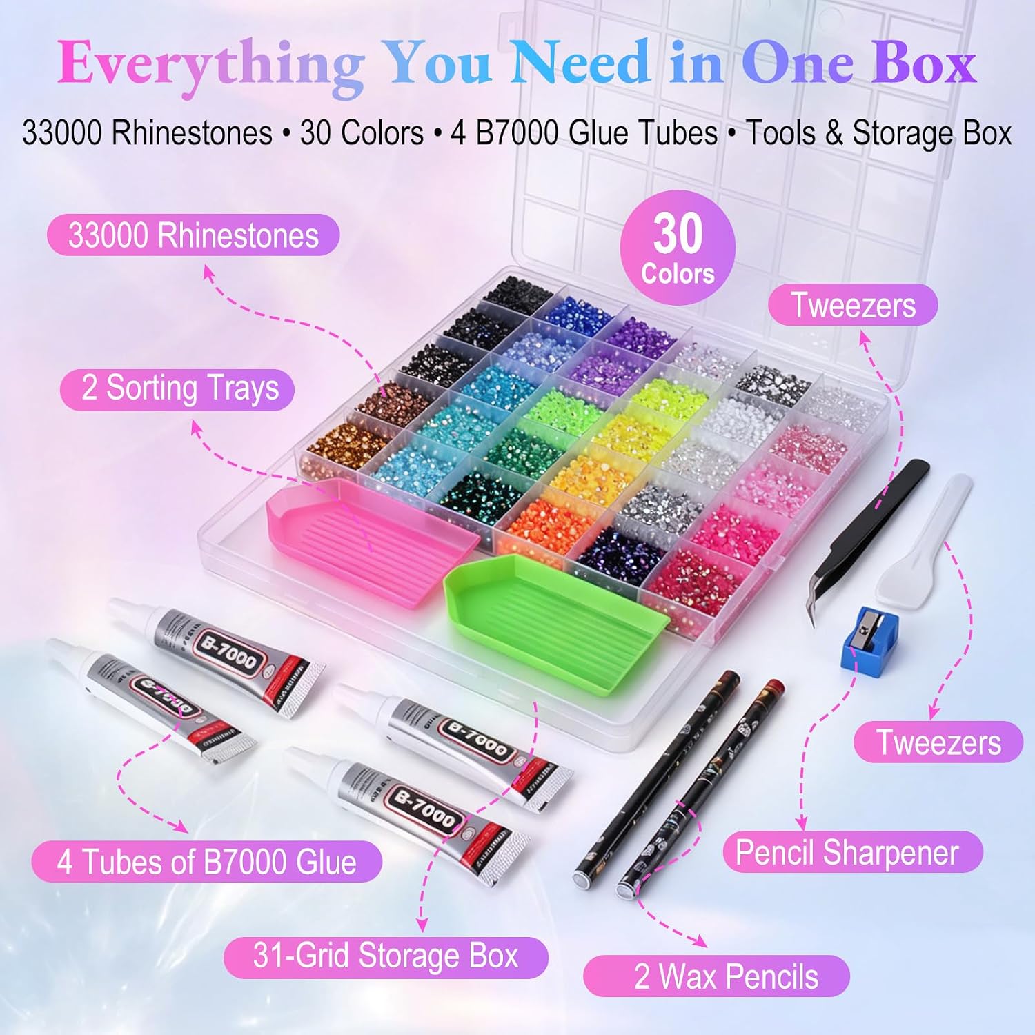 33000 Pcs 30 Colors Jelly Rhinestones for Bedazzling, 3mm Flatback Resin Rhinestones Kit, All-in-One Bedazzler Kit with 4 Pcs B7000 Jewelry Glue & Tools for DIY Crafts, Clothing, Nail Art, Gifts