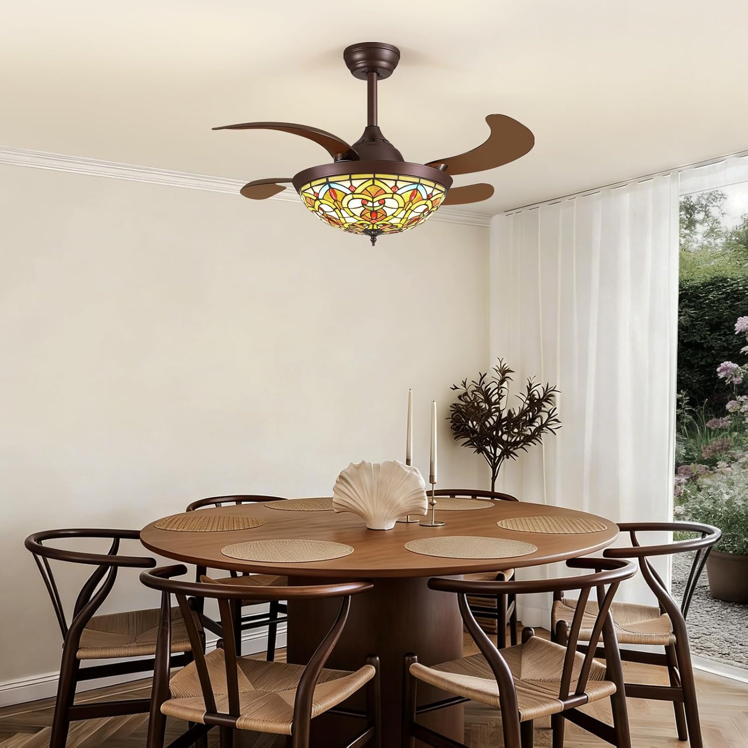 CROSSIO 36" Tiffany Ceiling Fans with Lights Tiffany Vintage Fandelier Vintage Chandelier Fan Stained Glass Ceiling Fan Retractable Blades for Living Room Dining Room