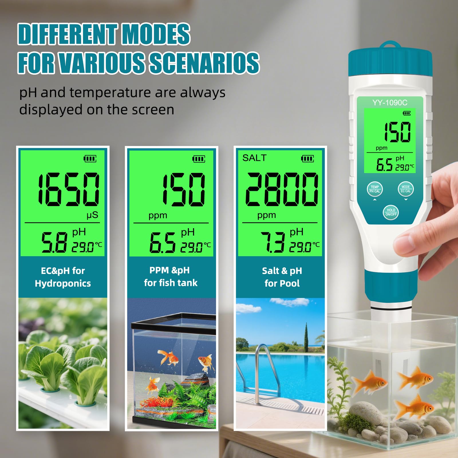 Medidor de pH para hidroponía y medidor de sal de spa - Medidor de pH, salinidad, TDS, EC y temperatura 5 en 1 con calibración de 12,88 mS/cm - Monitor de calidad del agua de piscina de agua salada