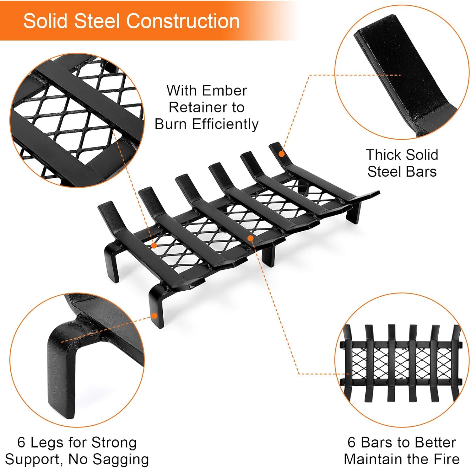 17" Fireplace Grate with Ember Retainer, Wood Stove Grate Rack, Heavy Duty Solid Steel 6-Bars Firewood Holder, Non-Assembly Fire Grate for Indoor Hearth Outdoor Firepit - Matt Black