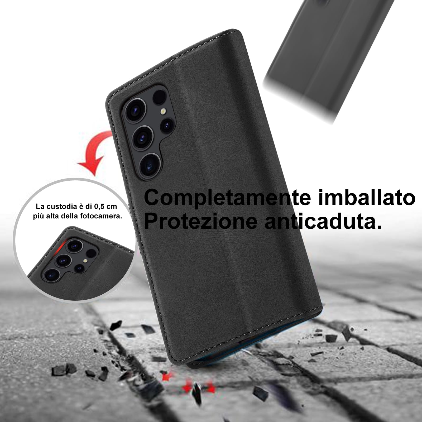 Cover per Samsung Galaxy S24 Ultra Custodia con Vetro Temperato, Premium PU Portafoglio Slot per Scheda RFID Antifurto Funzione Supporto Flip Case, Antiurto per Samsung S24 Ultra 5G Cover (Nero)