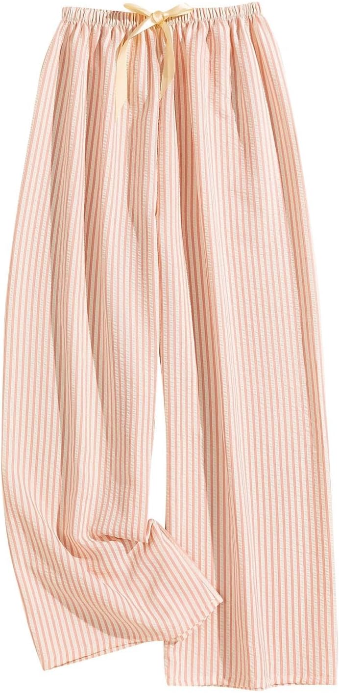Womens Linen Loose Vertical Stripe Straight Leg Plants Mid Waist Elastic Waist Flowy Casual Versatile Trousers