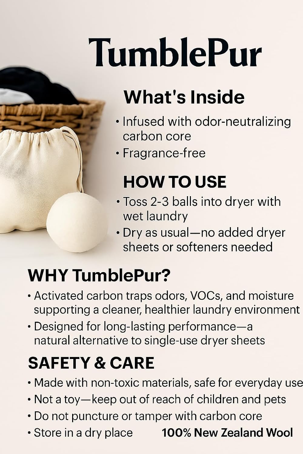 XL Wool Dryer Balls (3-Pack) with Activated Carbon – Odor Eliminating & Fragrance-Free Laundry Deodorizer, Natural Fabric Softener Alternative, Reusable Eco-Friendly Dryer Balls
