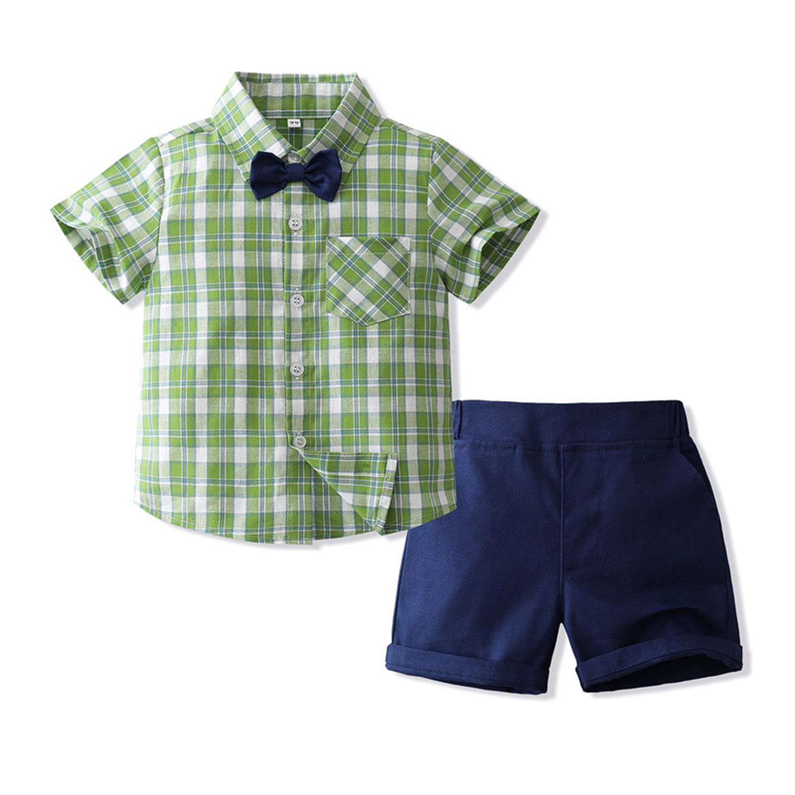 Volunboy Boys' Toddler Green Cotton Plaid Short Sleeve Button Down Shirt & Chino Shorts Bowtie Set - Summer Occasion Outfit
