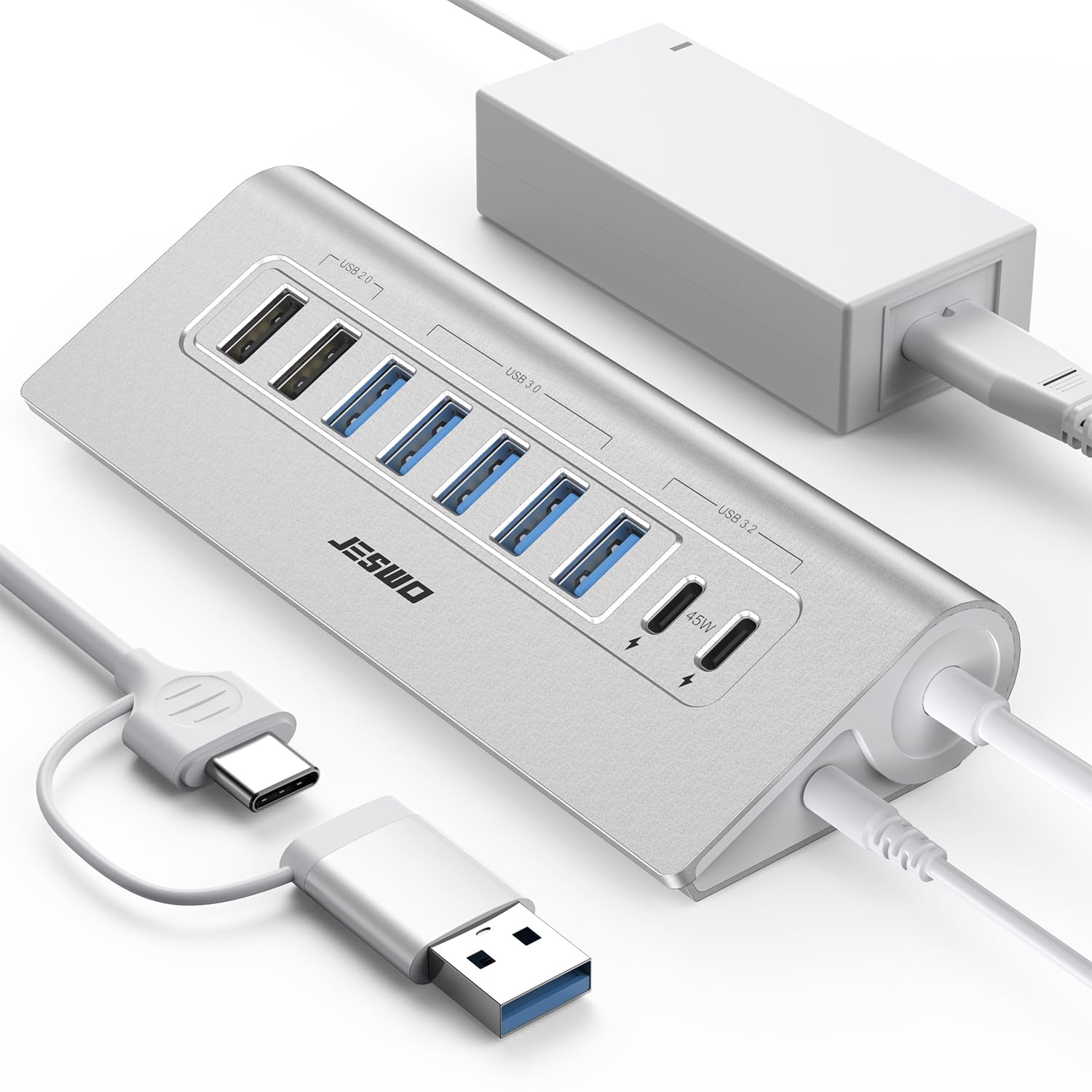 JESWO 65W Hub USB C Alimenté 9 Ports(USB A+C) Aluminium Hub USB 3.2 10Gbps