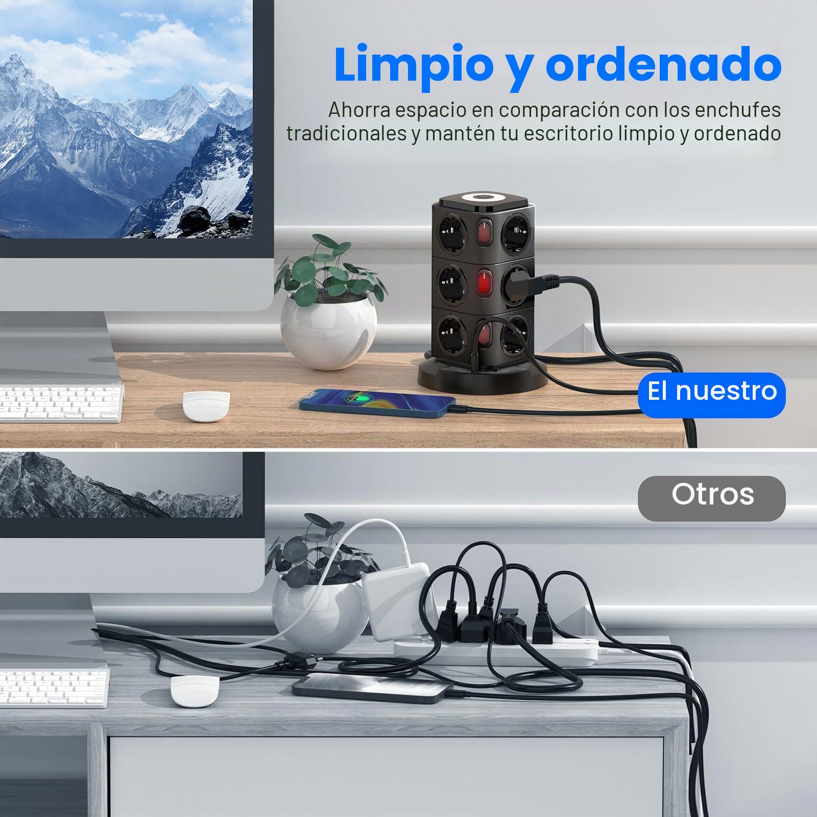 Acodot Torre Regleta Enchufes Vertical, Regleta USB 12 Tomas de AC y 3 USB Enchufe Multiple, Regletas Enchufes Proteccion Sobretension, 5M Regreltas Vertical con Interruptor para Mesa Oficia Casa