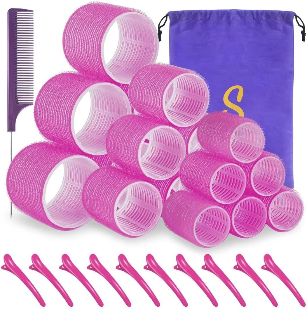 Self grip hair roller set,Hair roller set 18 pcs,Heatless hair curlers,Hair rollers for Long hair,Medium and Short hair,Hair rollers with hair roller clips and comb,Salon hairdressing curlers,DIY Hair Styles, Sungenol 3 Sizes Rose red Hair Rollers in 1 set