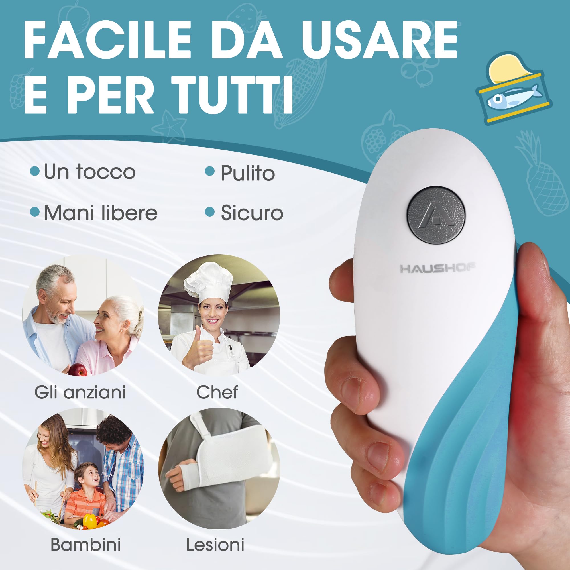 HAUSHOF Apriscatole Elettrico One Touch Bordo Liscio, Apriscatole Automatico con Funzione di Avvio e Arresto Automatico One Touch, Gadget da Cucina con 4 Batterie per Cuochi-Blu