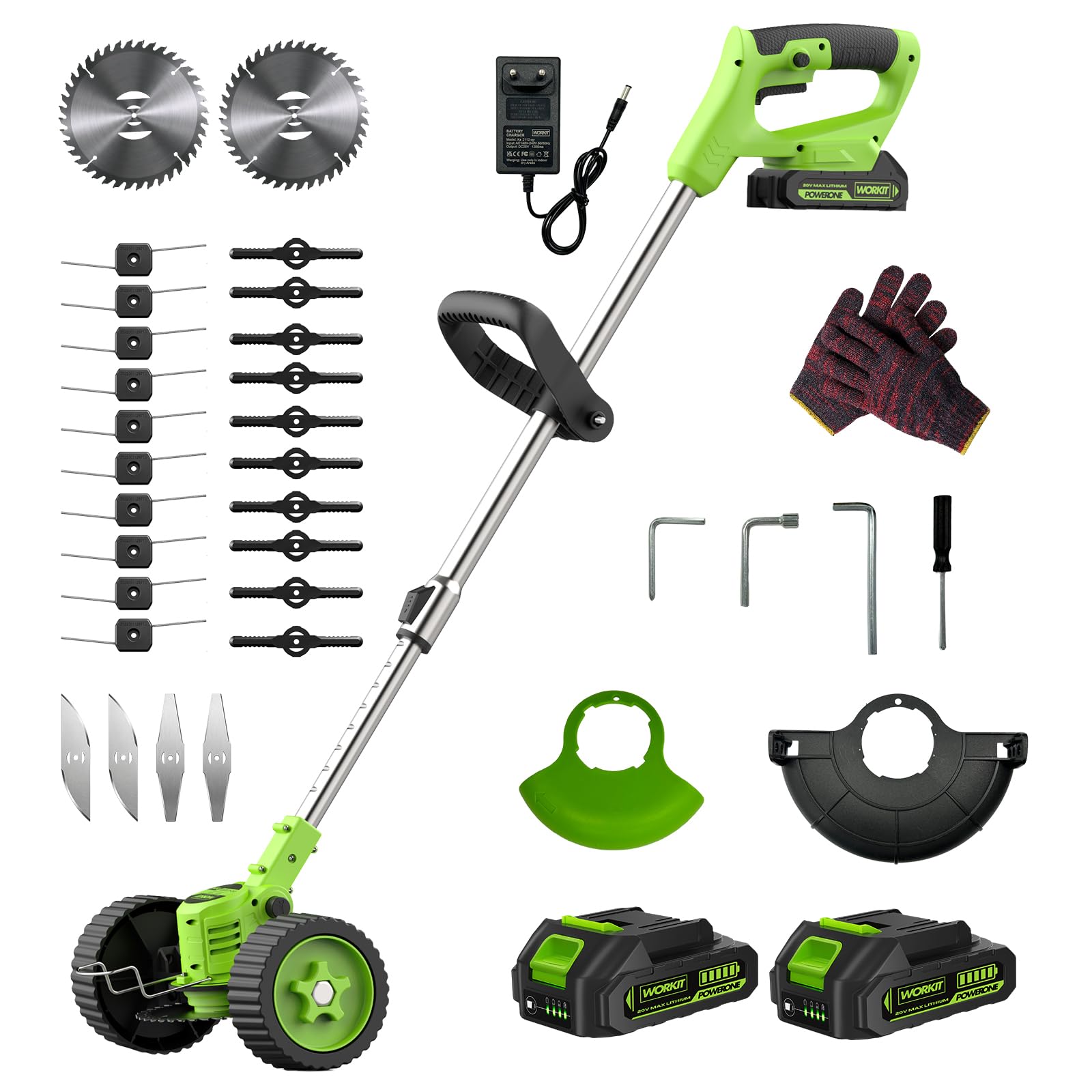 WORKIT 800W Akku Rasentrimmer mit Rädern, 3-in-1 Freischneider Akku & Rasenmäher-Modus, inkl. 2x 2,0 Ah Akkus, rückenschonender Teleskopstiel, akku rasentrimmer für Dickicht, rasentrimmer mit akku Set
