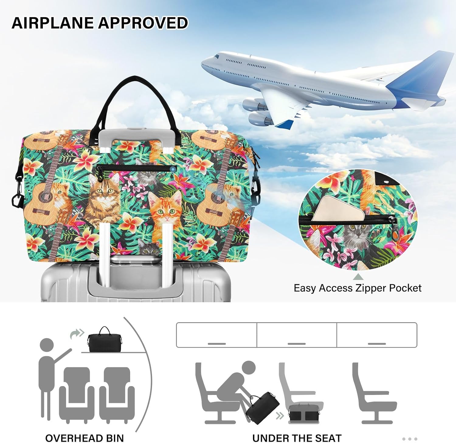 Weekender Bags Travel Duffel Gym Bag Carry on Overnight Tote Bag with Toiletry Bag for Airplane Travel Trip Gym Yoga (Hawaiian Orange Cat Tabby Face)