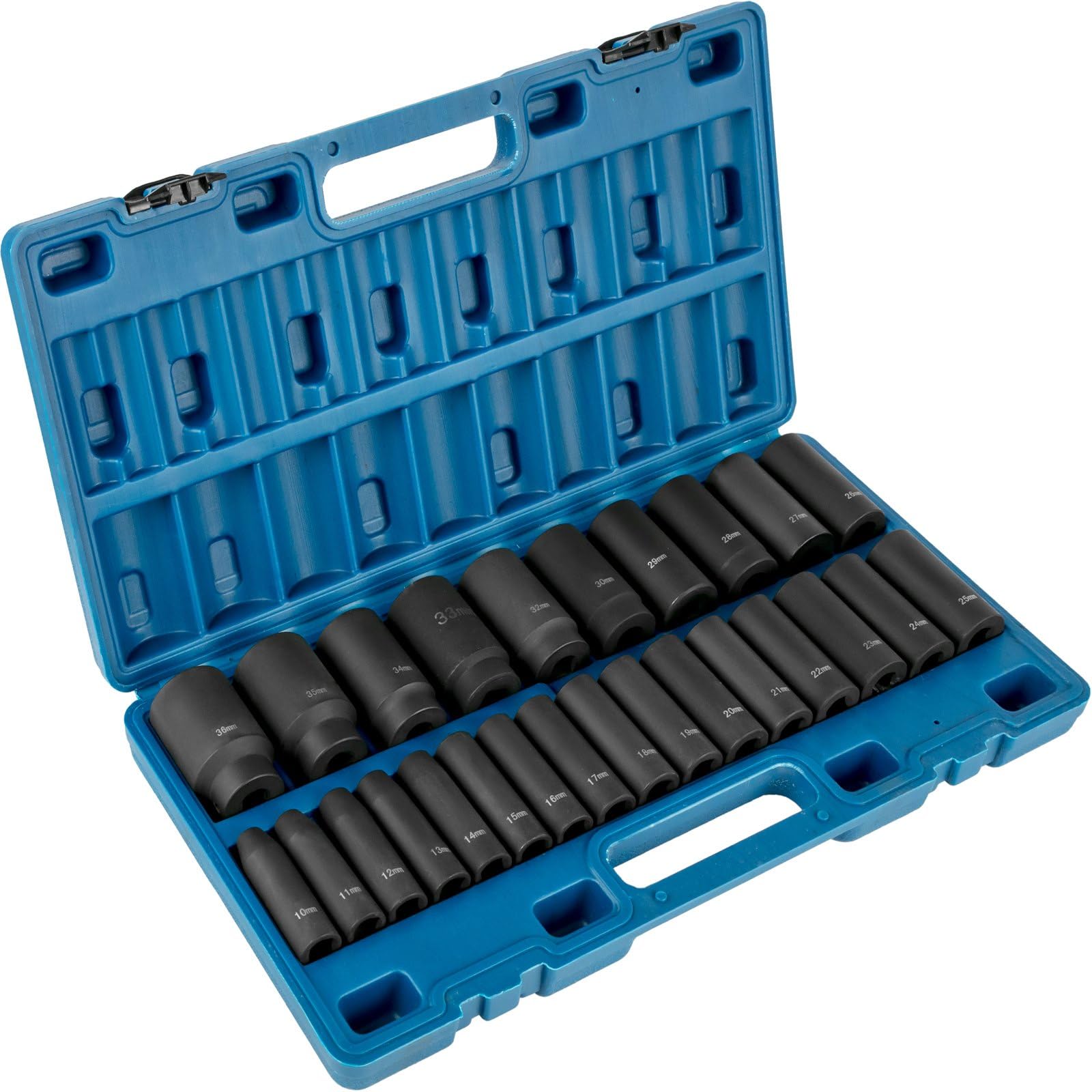 DOUKI 26 Piece 1/2 Inches Drive Impact Socket Set with Deep and 6-Point Sockets, Rugged Cr-V Construction, Metric 10mm - 36mm, and Storage Cage - Ideal for Automotive and Heavy Duty Applications