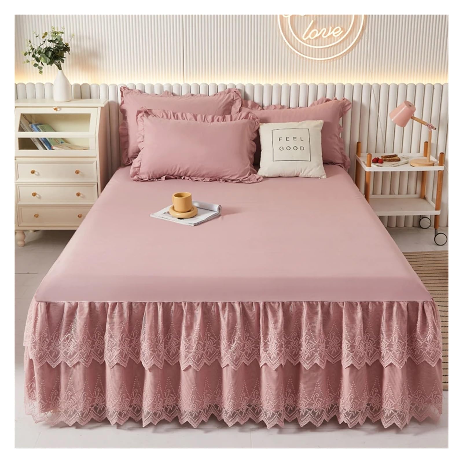 Lace Bed Skirt Solid Color Wrap Around Ruffle Bedskirt - Easy Fit Elastic Strap - Wrinkle, Machine Wash(4,150x200cm 3pcs)