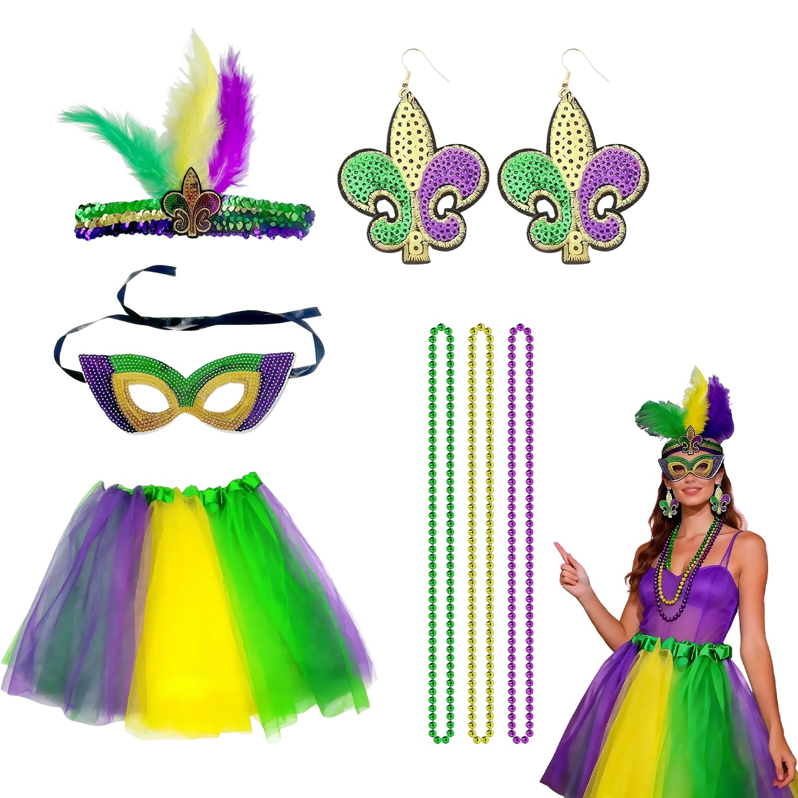 PMELCXD Carnival Outfits Set – 7PCS Fancy Dress Costume Accessories with Tutu Skirt, Feather Headband, Beaded Necklaces, Earrings and Mask – Colourful Costume Kit for Festival, Parade or Party