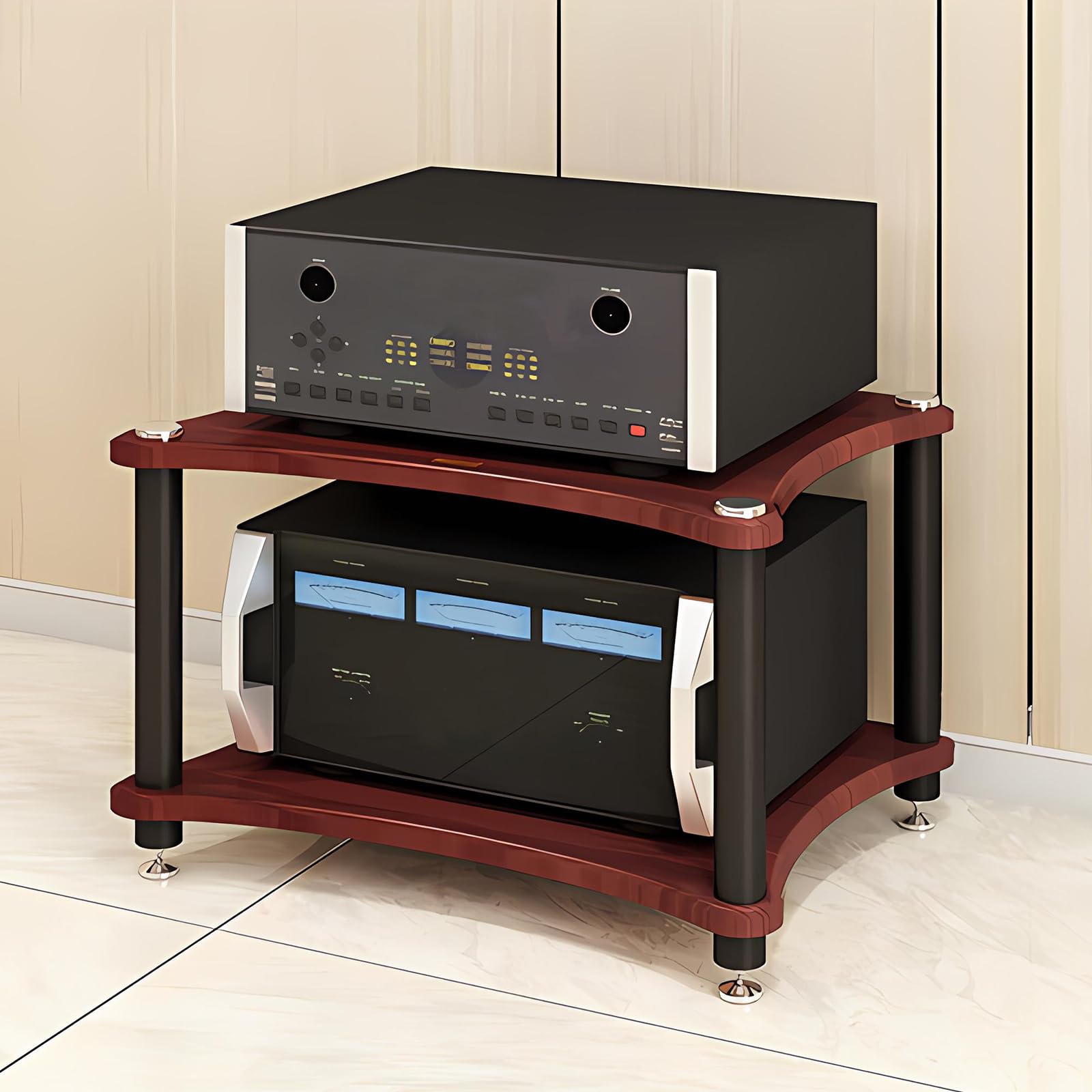 RAJYQODIS Heavy Duty Audio Component Rack, Large Storage Space AV Media Stand with Shock-Absorbing Foot pegs, Audio Rack Tower CD Player Stand for