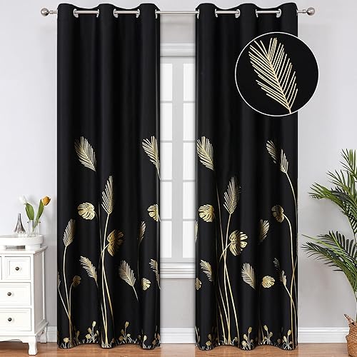 Estelar Textiler Cortinas opacas color negro, cortinas con bloqueo de luz y ahorro de energía, diseño de hojas de palmera, con aislamiento térmico