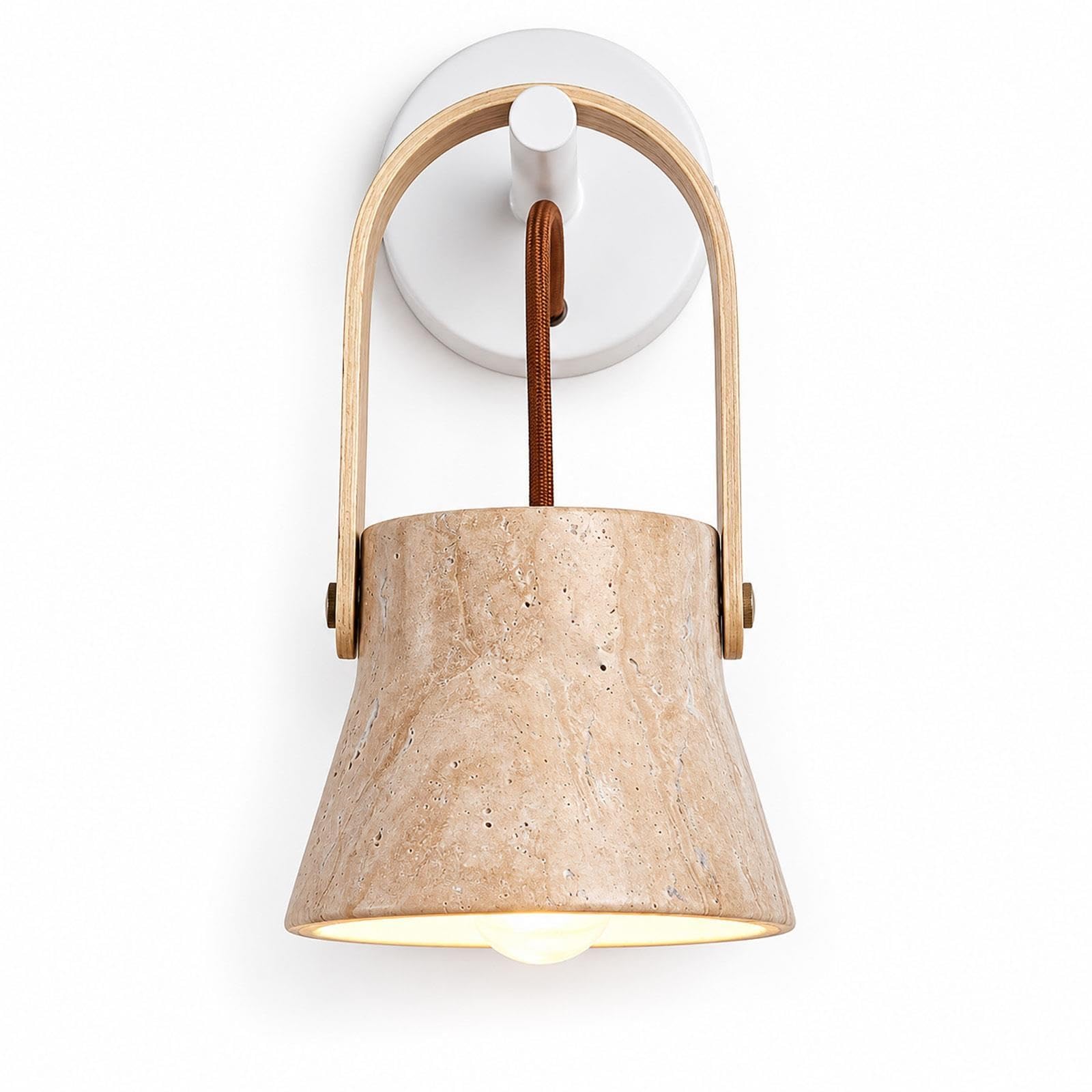 Kinkiet z trawertynu z drewnianym uchwytem, lampa z kamienia