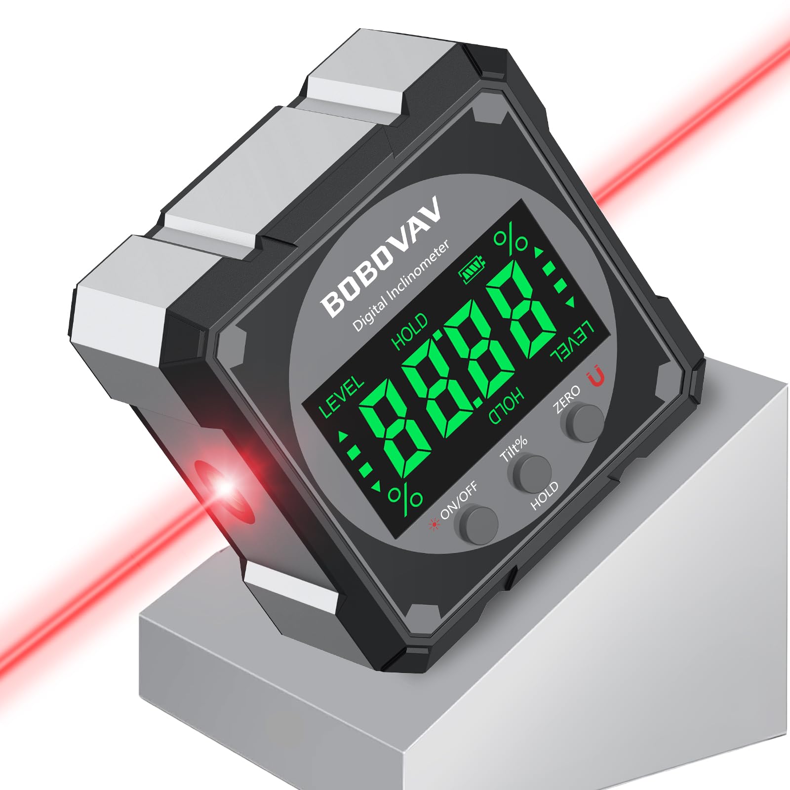 BOBOVAV 4-Side Magnetic Digital Angle Gauge with Laser(Class 2, ＜1mW Output), 4 * 90° Rechargeable Electronic Inclinometer Protractor Level Gauge for Woodworking Tablesaw- Black Gray