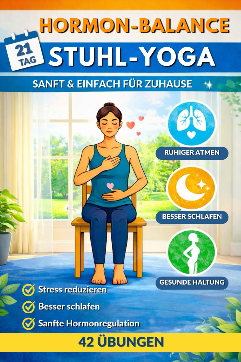 Hormon-Balance Stuhl-Yoga: Sanfte 21-Tage-Challenge für weniger Stress, ruhigeren Atem, besseren Schlaf und eine gesunde Haltung.
