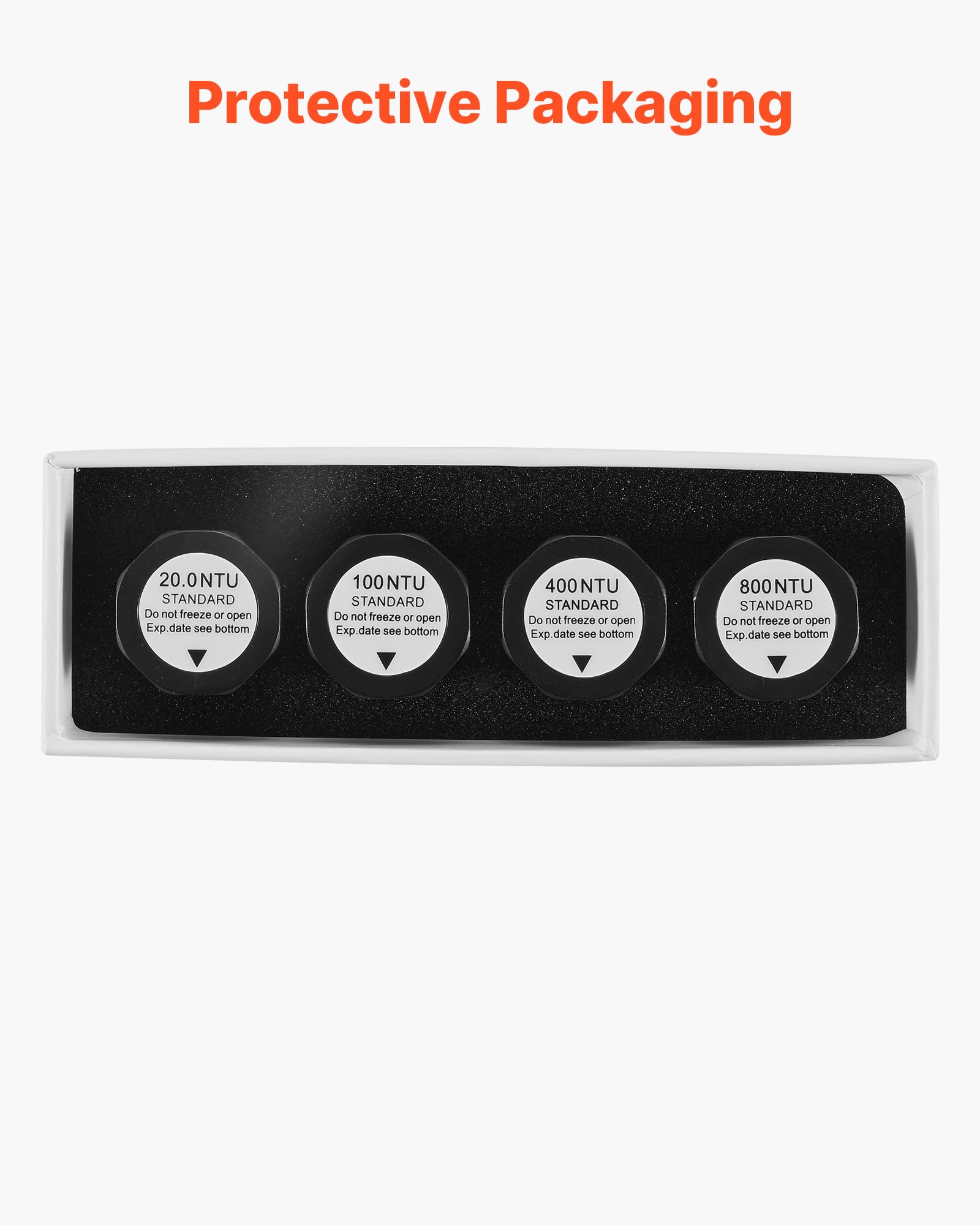 VEVOR Trübungskalibrierlösungs-Kit 20/100/400/800 NTU je 20 ml, 4 Stk. Standard-Trübungslösungs-Nachfüllung für TN2000-Trübungsmessgerät, stoßfester Schutzeinsatz, versiegeltes Flaschendesign