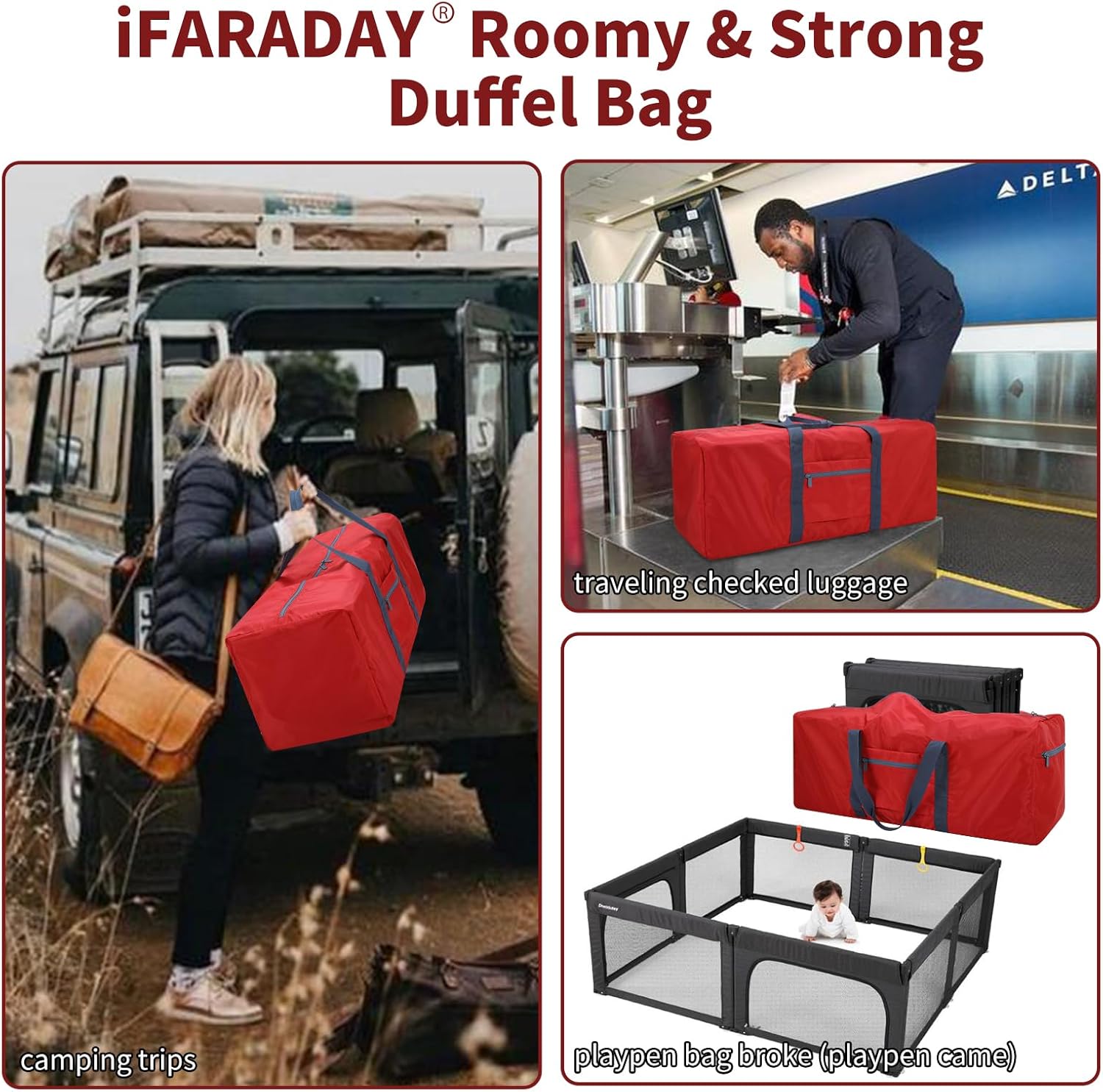 Foldable Duffle Bag for Travel - 75L Large Spare Travel Duffel Bag Lightweight with Trolley Sleeve - Red - Image 5