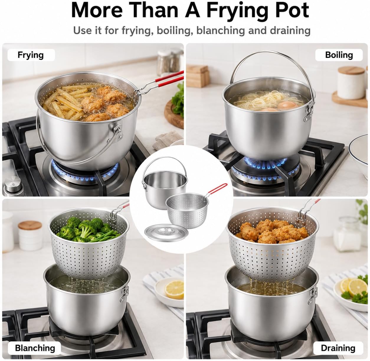 Stainless Steel Deep Fryer with Lid and Basket, 304 Stainless Steel Pot with Perforated Fry Basket, Detachable Handle for Easy Storage, 8.9 x 5.1 in Fry Pot for Home Kitchen Boiling ＆ Frying