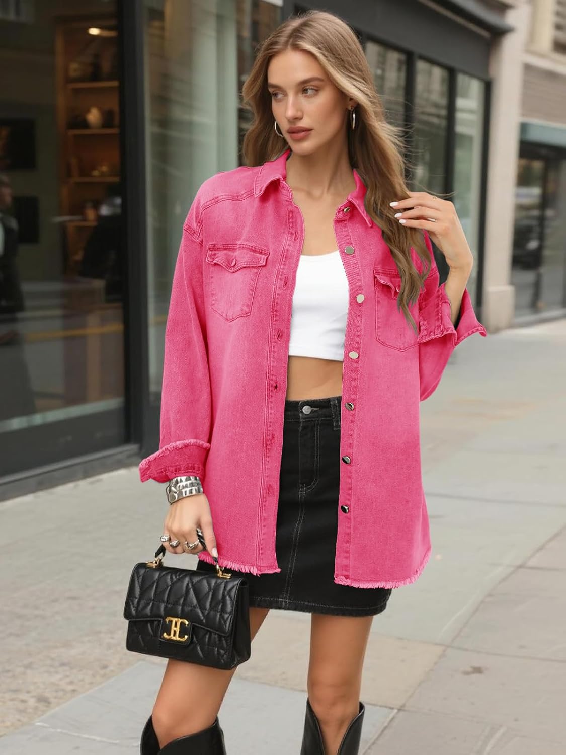 Womens Oversized Button Down Frayed Hem Denim Shacket Casual Long Sleeve Jean Jackets 2026 Spring Outfits - Image 3