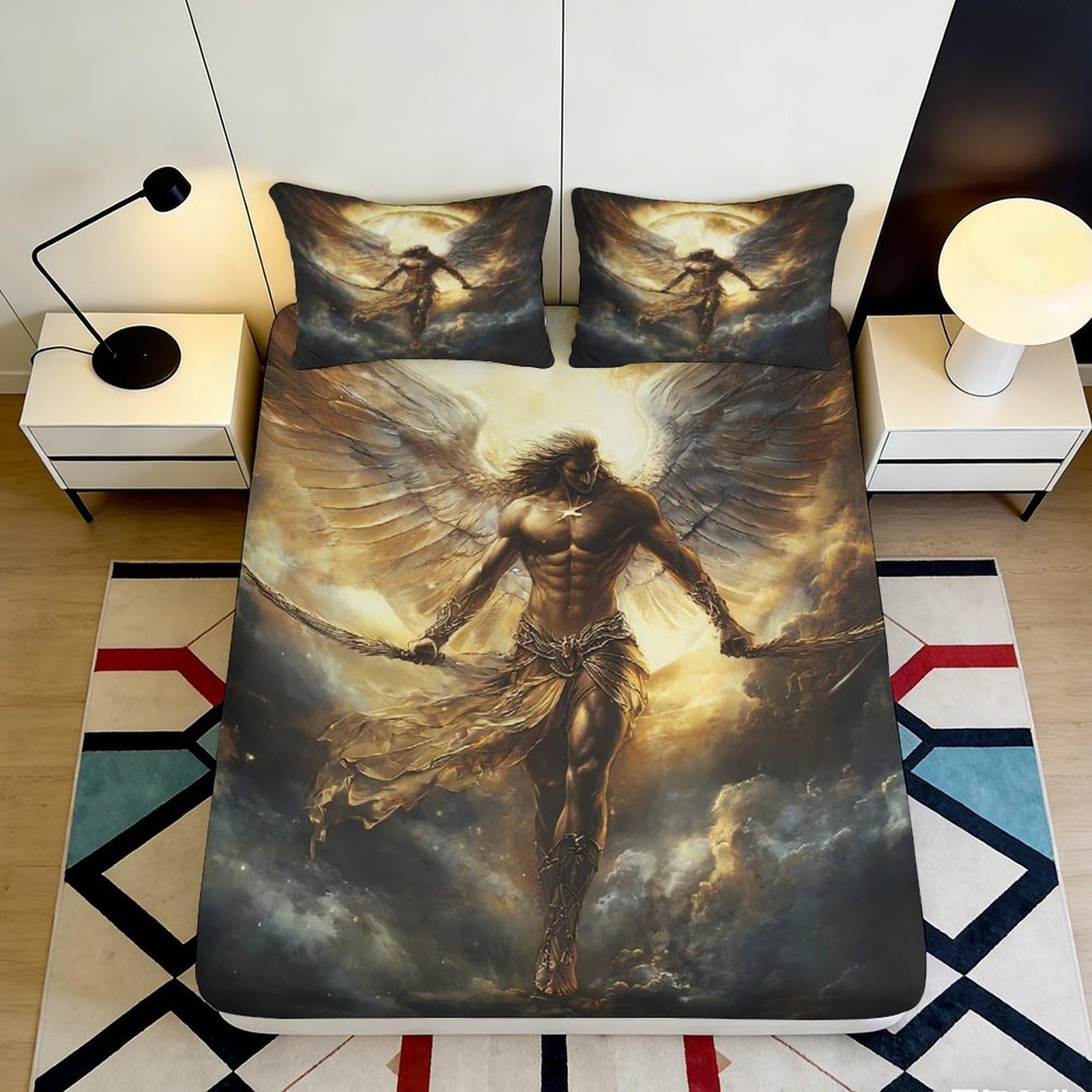 3D Printed Angel Wings Fitted Sheet Microfiber Soft Breathable Divine Warrior Bed Cover for Bedroom Dormitory Guest Room Protection Decoration 180x200x25cm