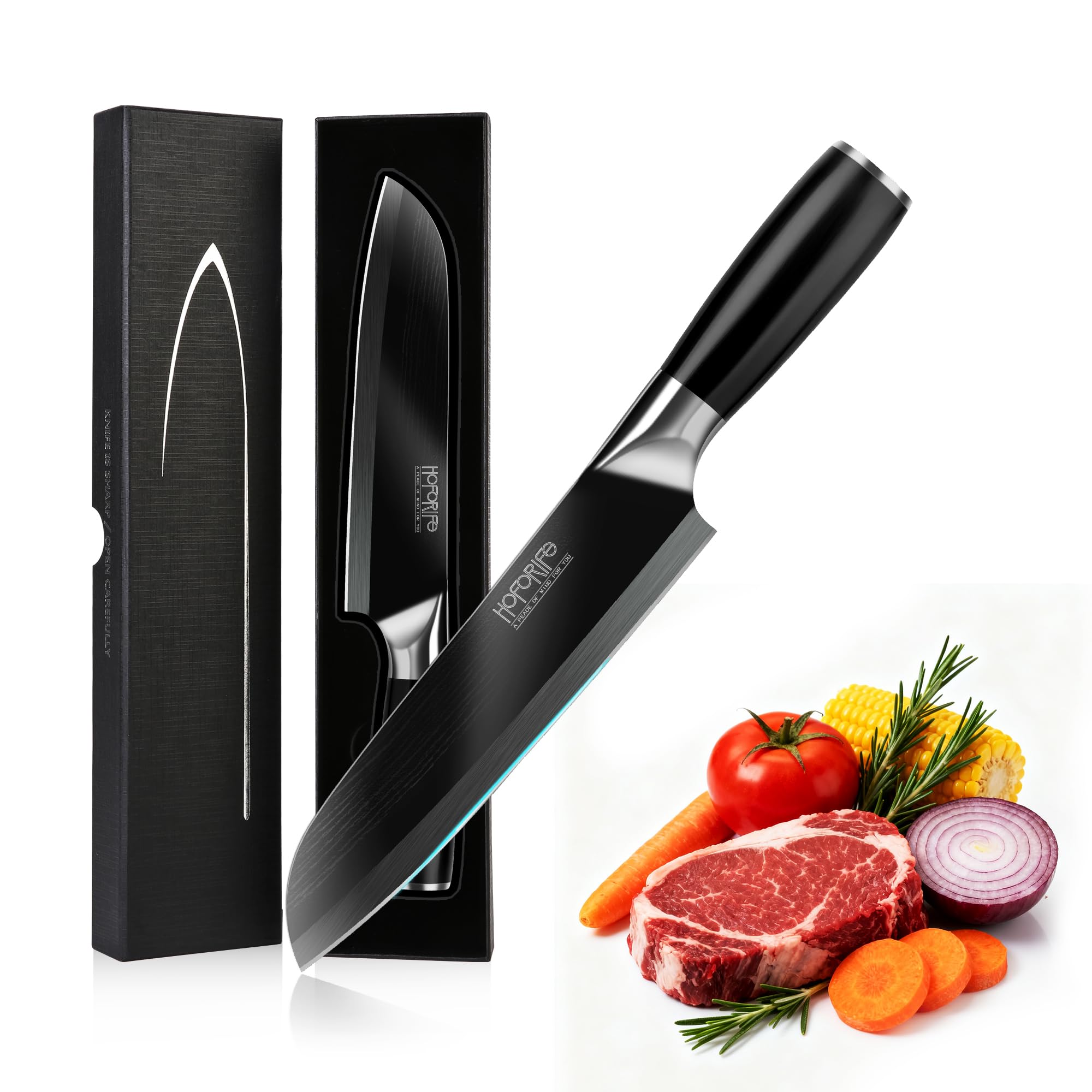 hoforife 20cm Chefmesser Japanisches Handgeschmiedetes Kochmesser Aus Hochkohlensoffstahl Mit Ergonomischem Holzgriff in Geschenkbox (Santoku, Schwarz)