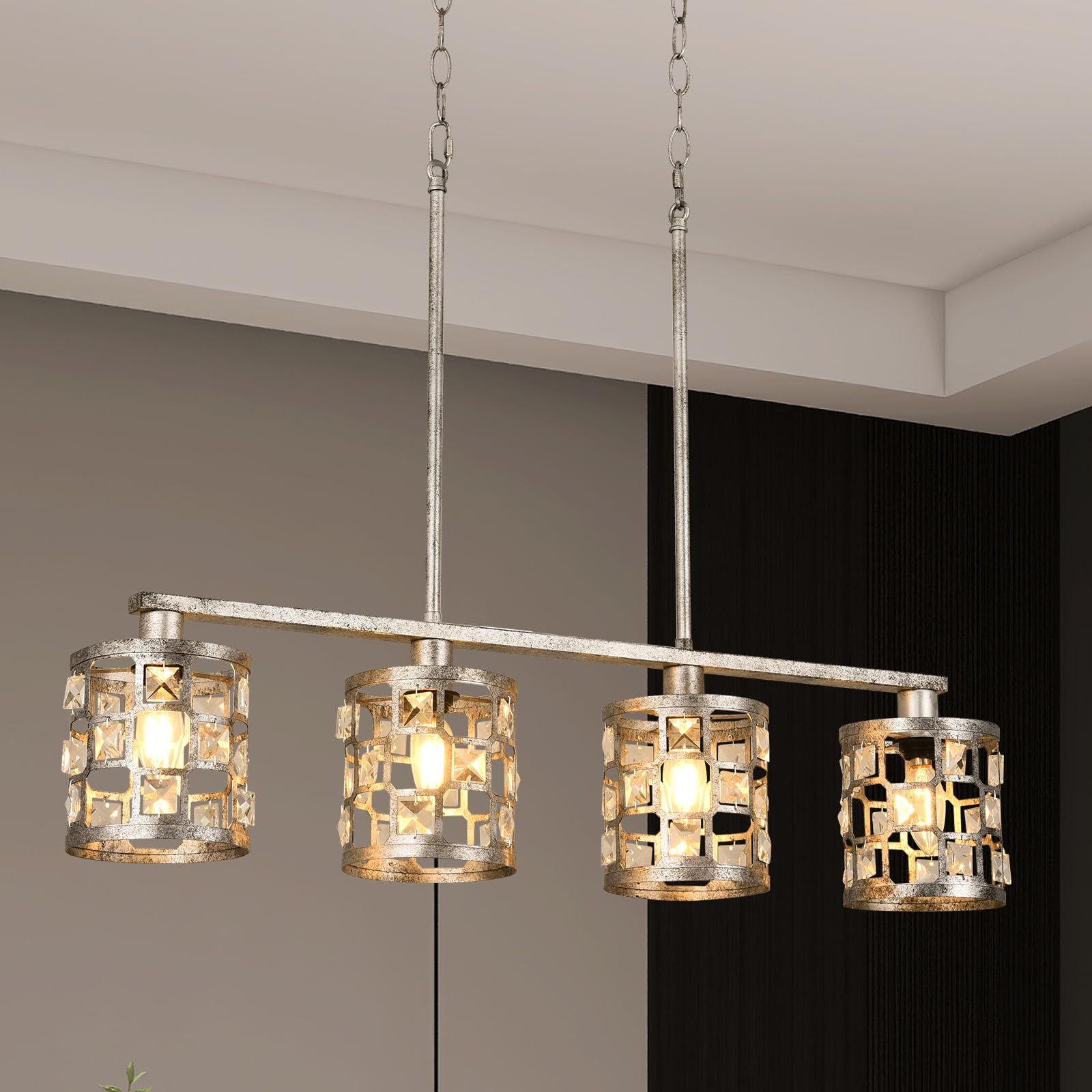 Photo 1 of Farmhouse Kitchen Island Light, Linear Caged Pendant Light with Crystal, Retro 4-Light Linear Chandelier, French Country Kitchen Island Lighting Fixtures for Living Dining Room white wood