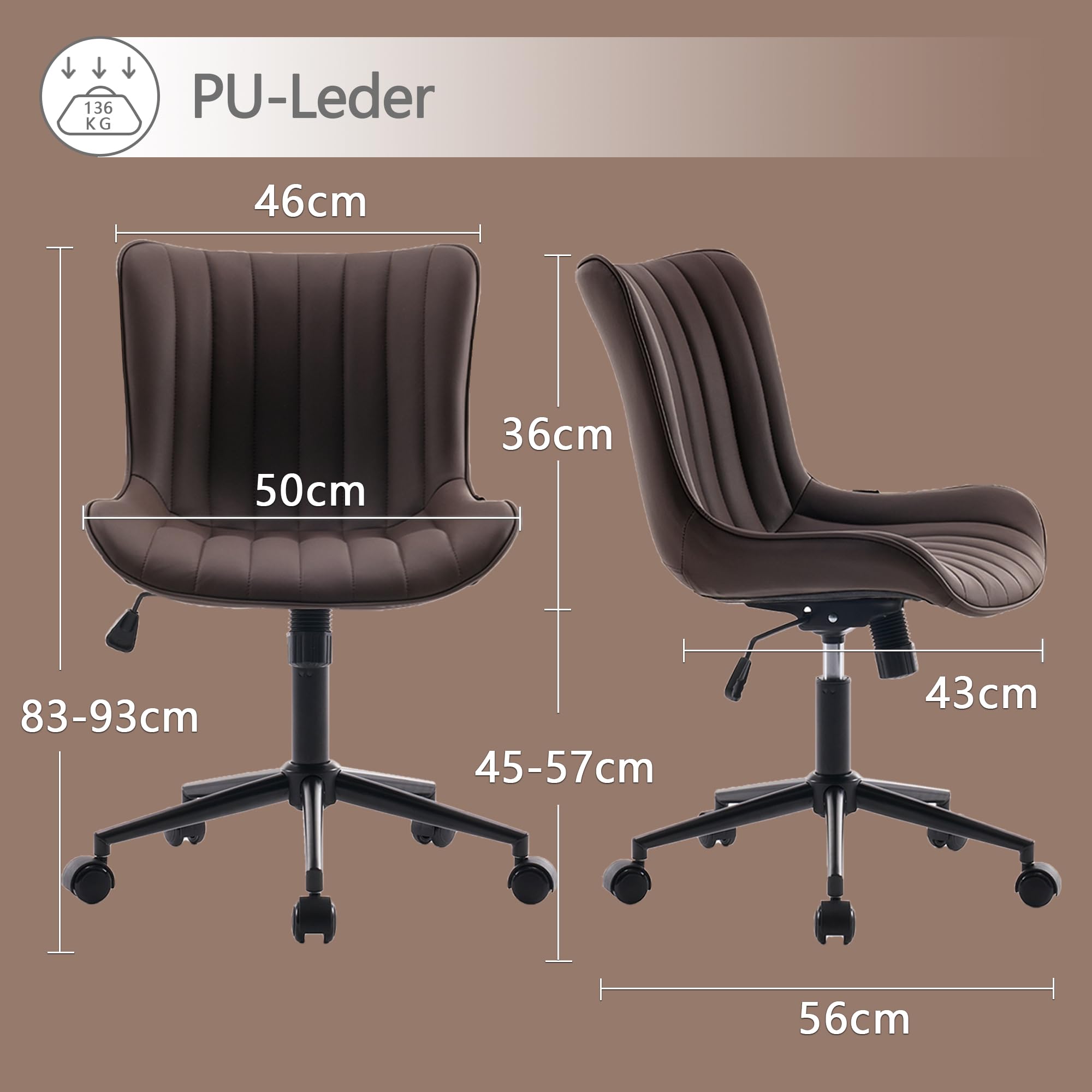 YOUTASTE Ergonomiczne krzesło biurowe, z regulacją wysokości, krzesło ze sztucznej skóry i kółkami, funkcja przechylania, krzesło komputerowe, obciążenie 136 kg, brązowe