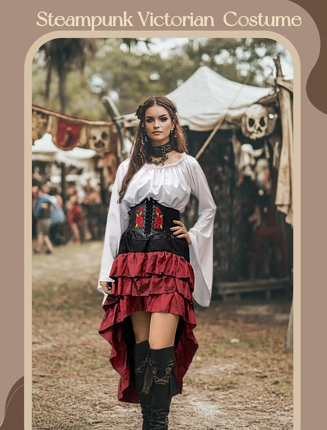 Size/L Verceco Pirate Costume Women Outfit with Renaissance Pirate Shirt Skirt Corset Waist Belt Womens Halloween Pirate Costumes (White Red, L)