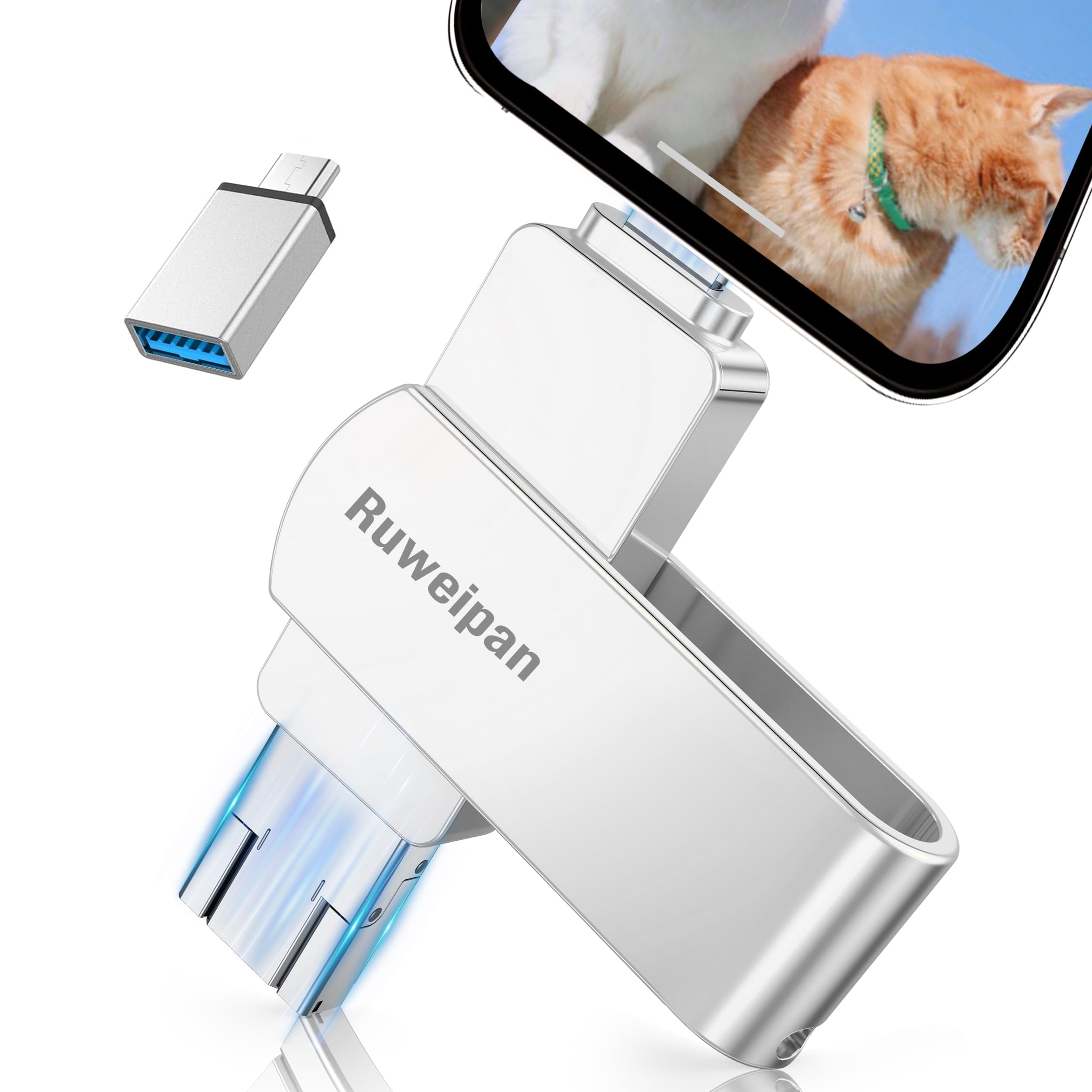 Ruweipan Chiavetta USB per Phone,[Senza APP] 128GB Pendrive USB C 4 in 1 Memoria Esterna USB 3.0 Chiavetta per Scaricare Foto Photostick per OTG Android/Smartphone/PC/Tablet/Pad/iOS(128G,Argento)