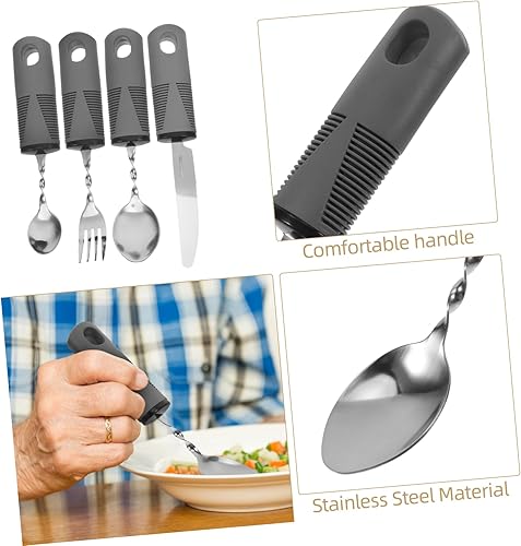 Miniatura 7 de Zerodeko Juego de utensilios con peso adaptativo para ancianos, juego de cuchara y tenedor de 4 piezas, asas antideslizantes para temblores de manos