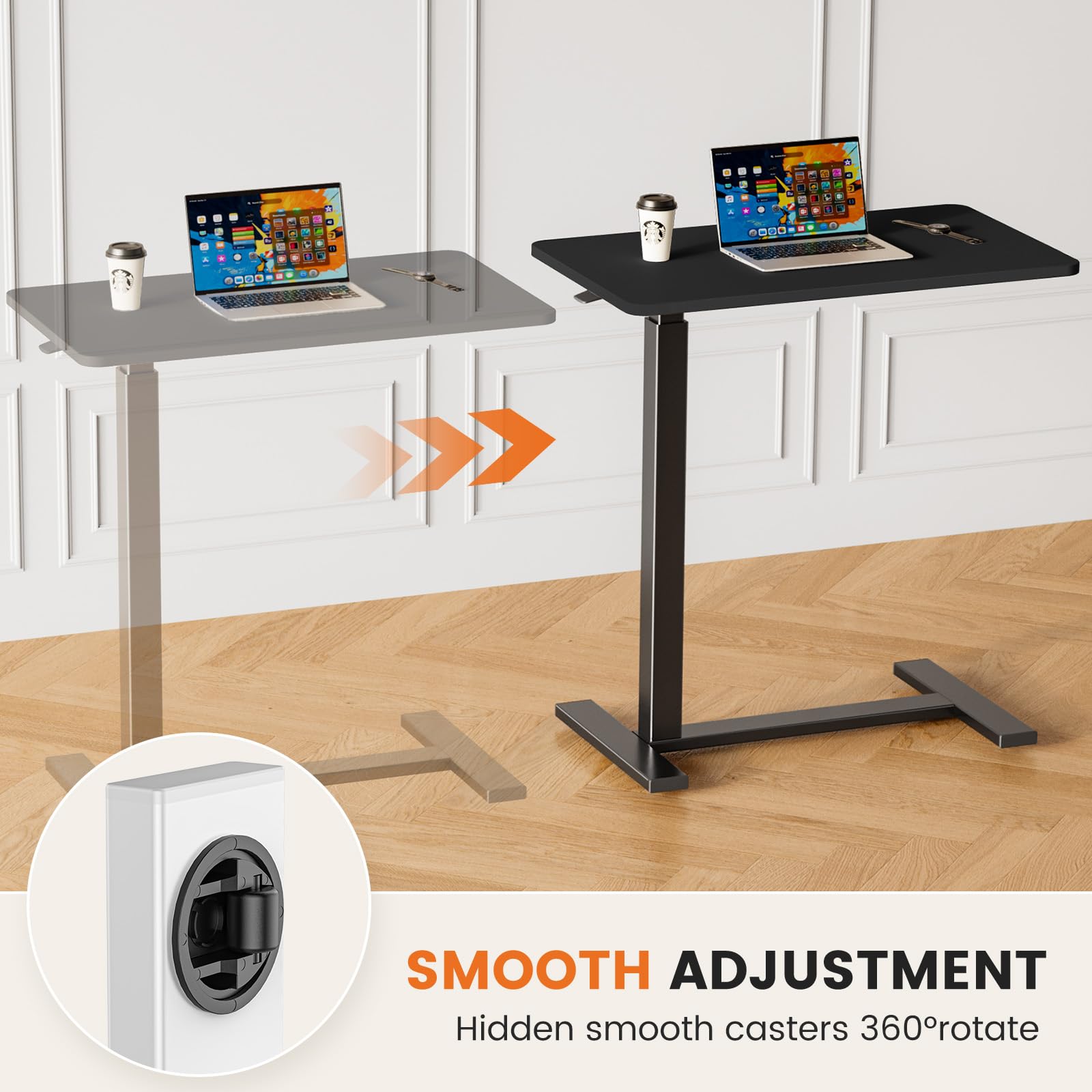 Sweetcrispy Overbed Bedside Table with Wheels, Adjustable Hospital & Home Use Bed Table, Rolling Laptop Table, Mobile Standing Desk, Black