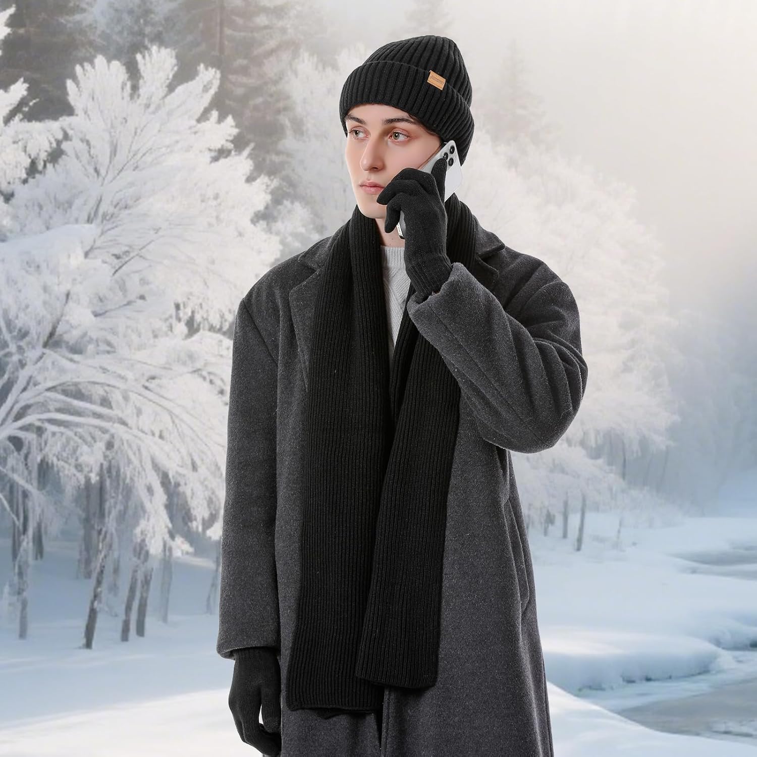 Winter Beanie Hats for Men Long Neck Scarf and Touchscreen Gloves Set with Fleece Lined Skull Caps Gifts for Men - Image 6