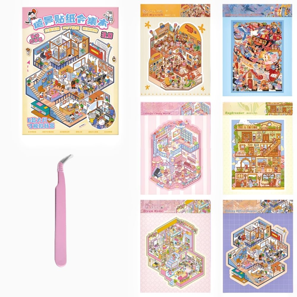 6 Sets Large DIY 3D Stickers Scene,Fun 3D Mini House Stickers Book Set for Adults with Tweezers Make Your Own Fantasy Room Sticker Scene Therapy for Adults Relief Stress Pass The Time Gift