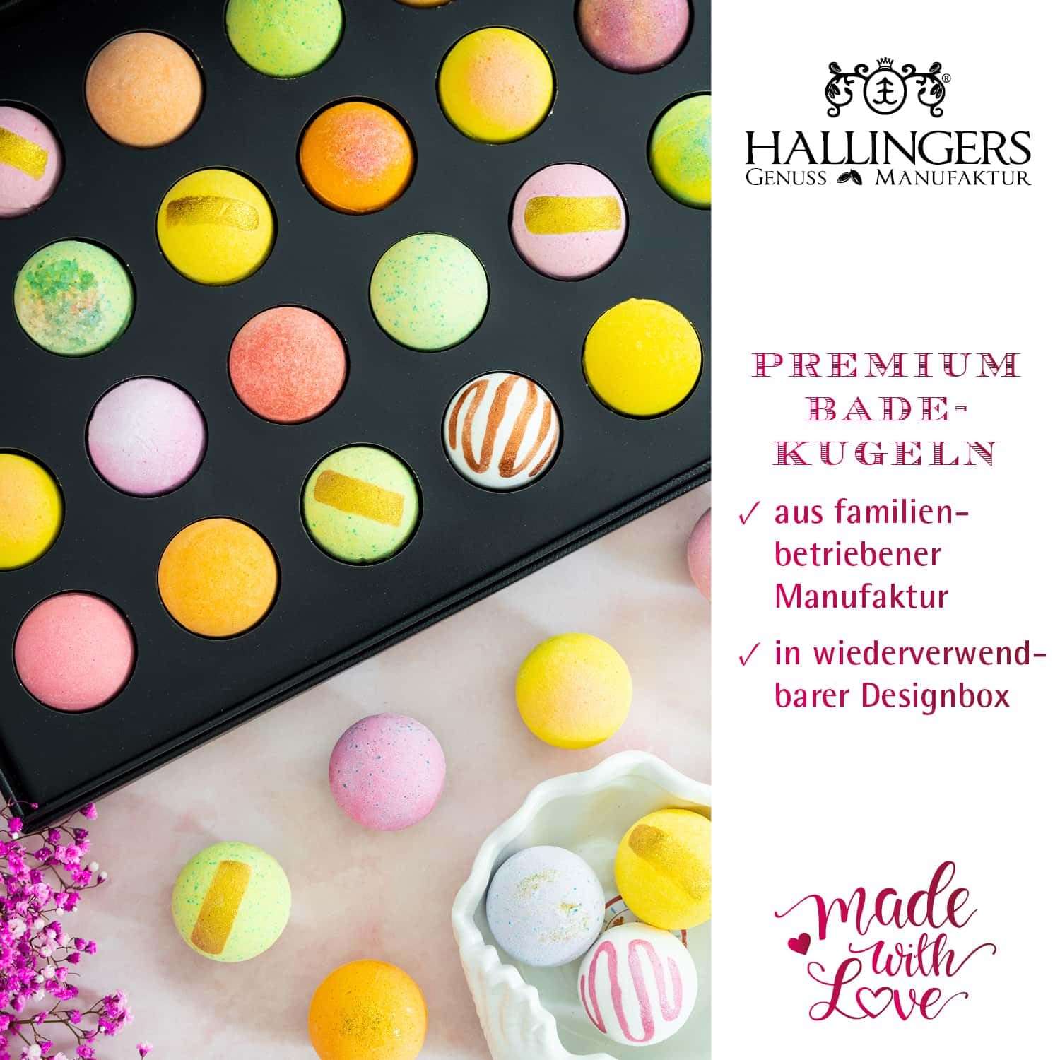 Hallingers Genuss Manufaktur Badebomben Glückwunsch-Geschenk-Set - 24x Badekugeln Bath Bombs, edle Geschenkbox, Frauen Badeperlen-Wellness & Spa ""Herzlichen Glüc..."", Geschenkidee für Frauen Männer