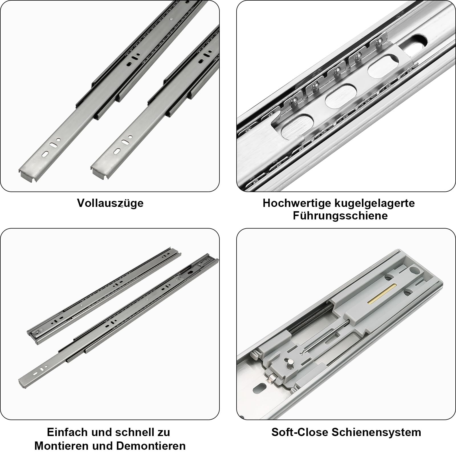 Ikodm 4 Pares 8 Piezas Guías para Cajones 65cm de Extracción Total, Guías Telescópicas con Amortiguación, Rodamiento de Bolas, hasta 45 kg por Par
