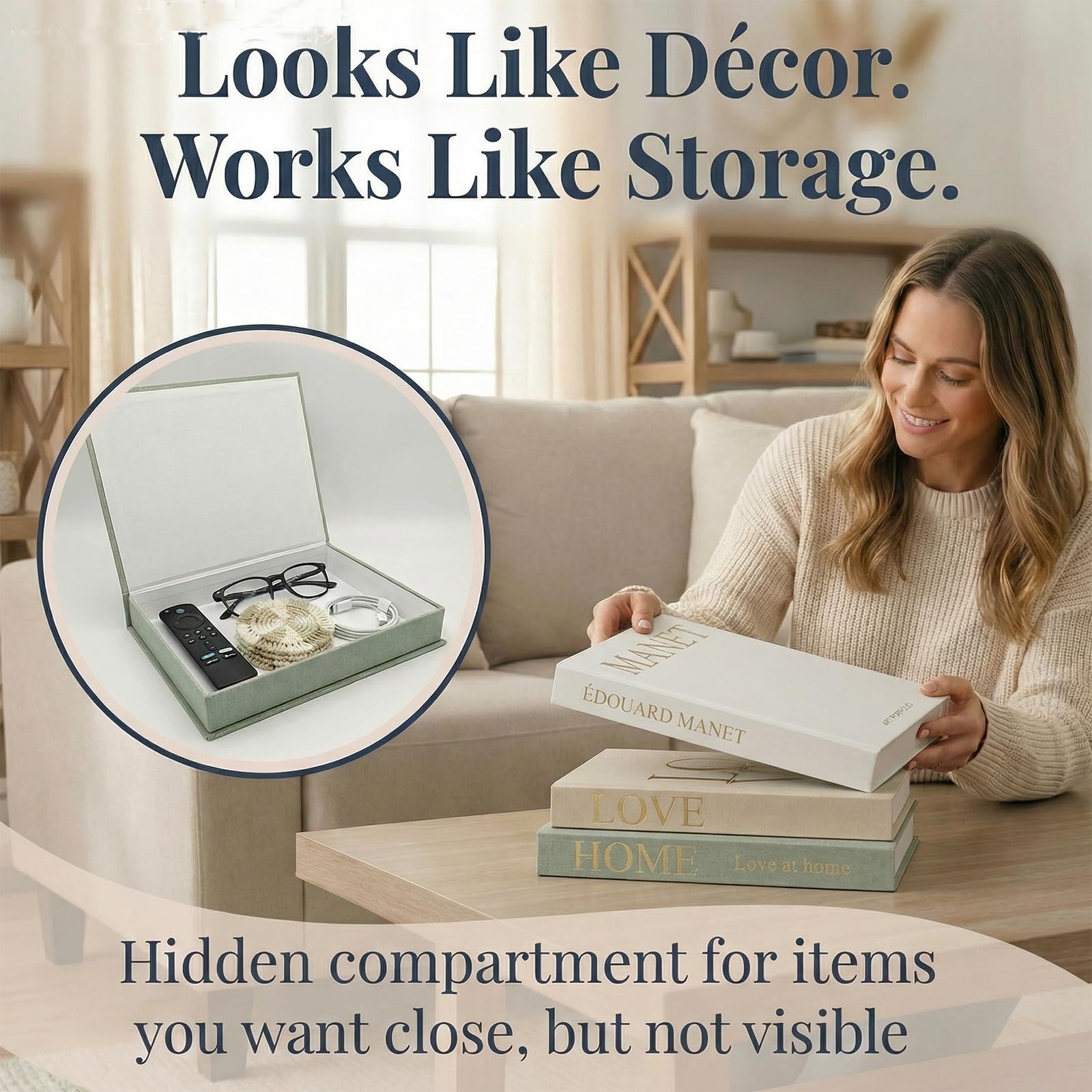 Set di 3 libri decorativi - Libri finti in copertina in lino con chiusura magnetica - Scatola portaoggetti nascosta - Oggetti di scena estetici e chic - Scatole moderne a forma di libro per simpatici