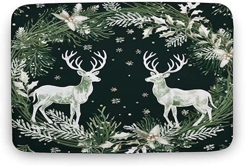 Alfombra de baño de Navidad, invierno, con copos de nieve y corona de ciervos, color verde y blanco, alfombras de baño de terciopelo coral para