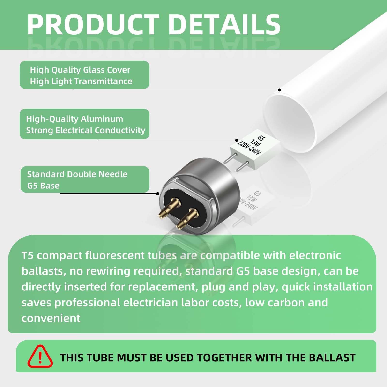 2 Pezzi Tubi Fluorescenti Da 13W, 525mm T5 Bianco Freddo 4000K, 1000LM, Attacco G5, Luce a Basso Consumo Energetico, Luce Di Emergenza a Risparmio Energetico, Adatta per Cucina, Bagno, Armadio, Garage