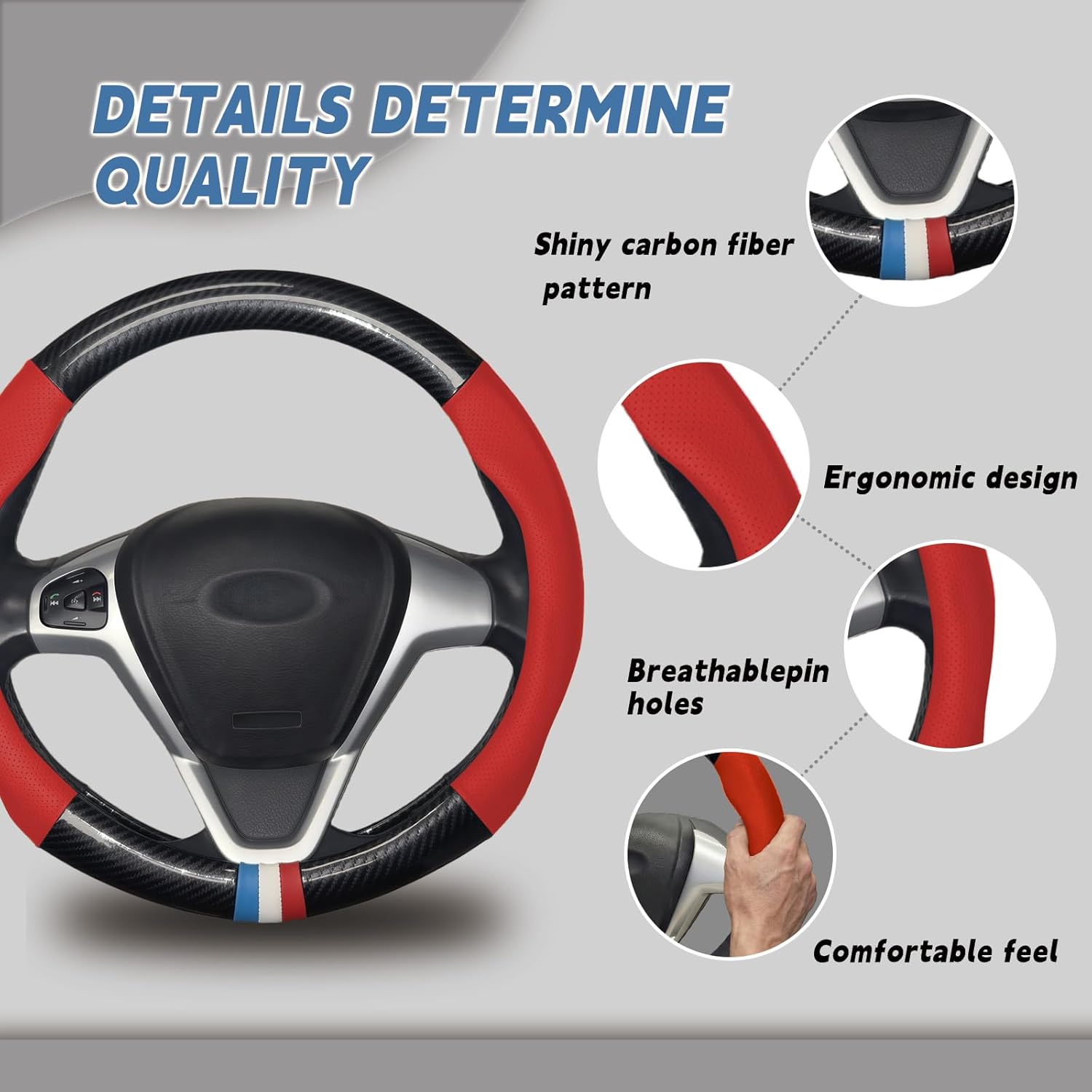 Steering Wheel Cover for Compass 2007-2010, 2017-2025, Car Interior Accessories for Jeep, Perforated Design & Breathable, Steering Wheel Protector, Leather & Bright Carbon Fiber (Black+Red)