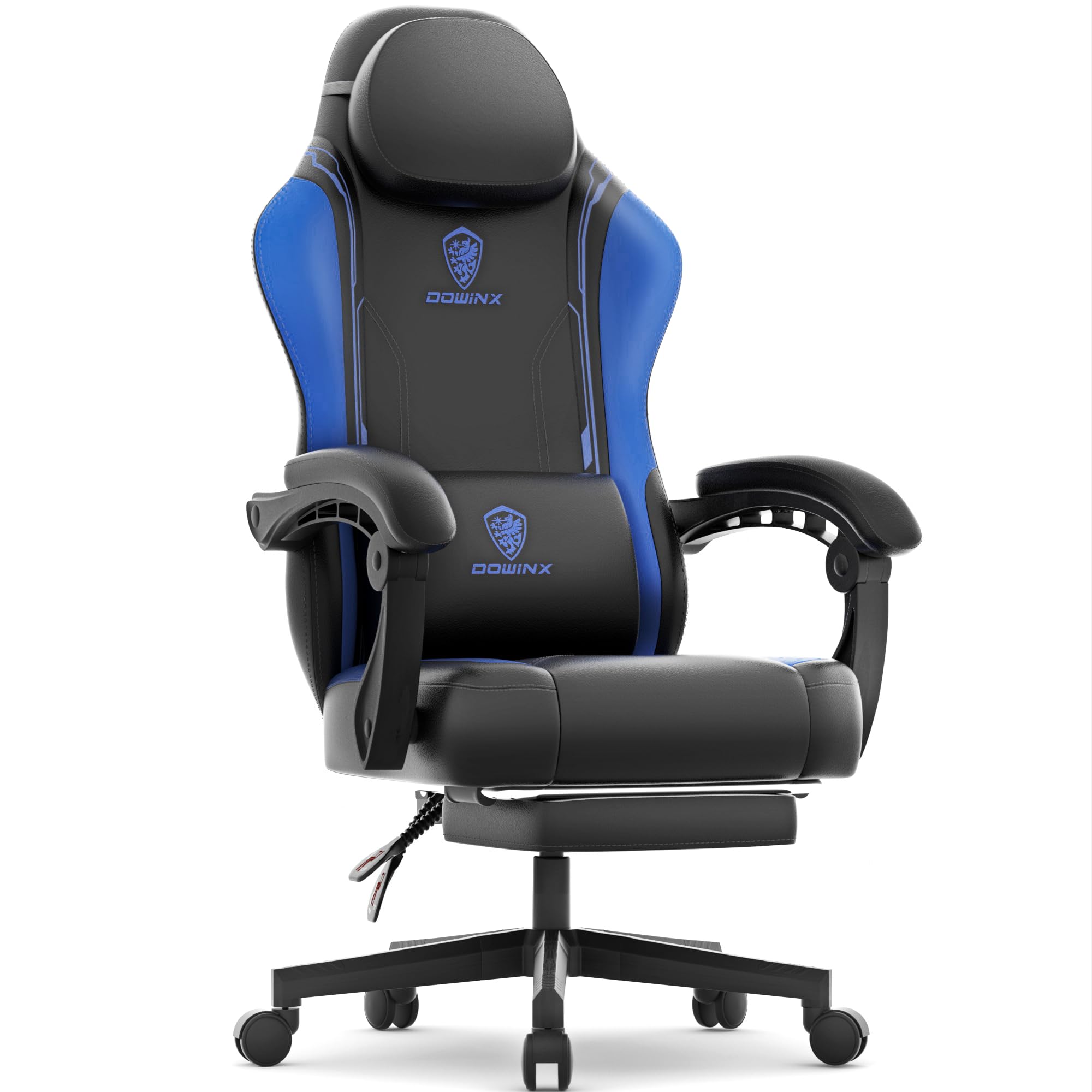 Dowinx Silla de gaming Racing Gamer con cojín de primavera, sillón ergonómico para gaming con masaje lumbar, silla de oficina de cuero PU silla PC silla respaldo ancho 150 kg, azul