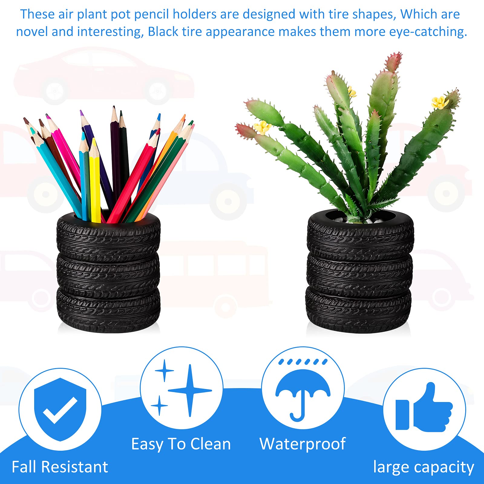 Lot De 2 Pots à Crayons En Forme De Pneu – Décoration Bureau Ou Maison – Dimensions 9 X 8,5 X 9 Cm – Idéal Rangement Ou Petites Plantes - 5