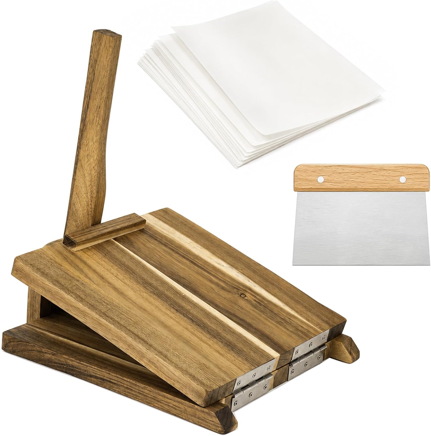 Wooden Tortilla Press 8.7 Inch with 50 Pcs Parchment Paper & Dough Scraper, 4.5/6.5/8/10-inch Measuring Ruler for Homemade Corn Tortillas Roti Tacos Burritos, Prensa Para Tortillas