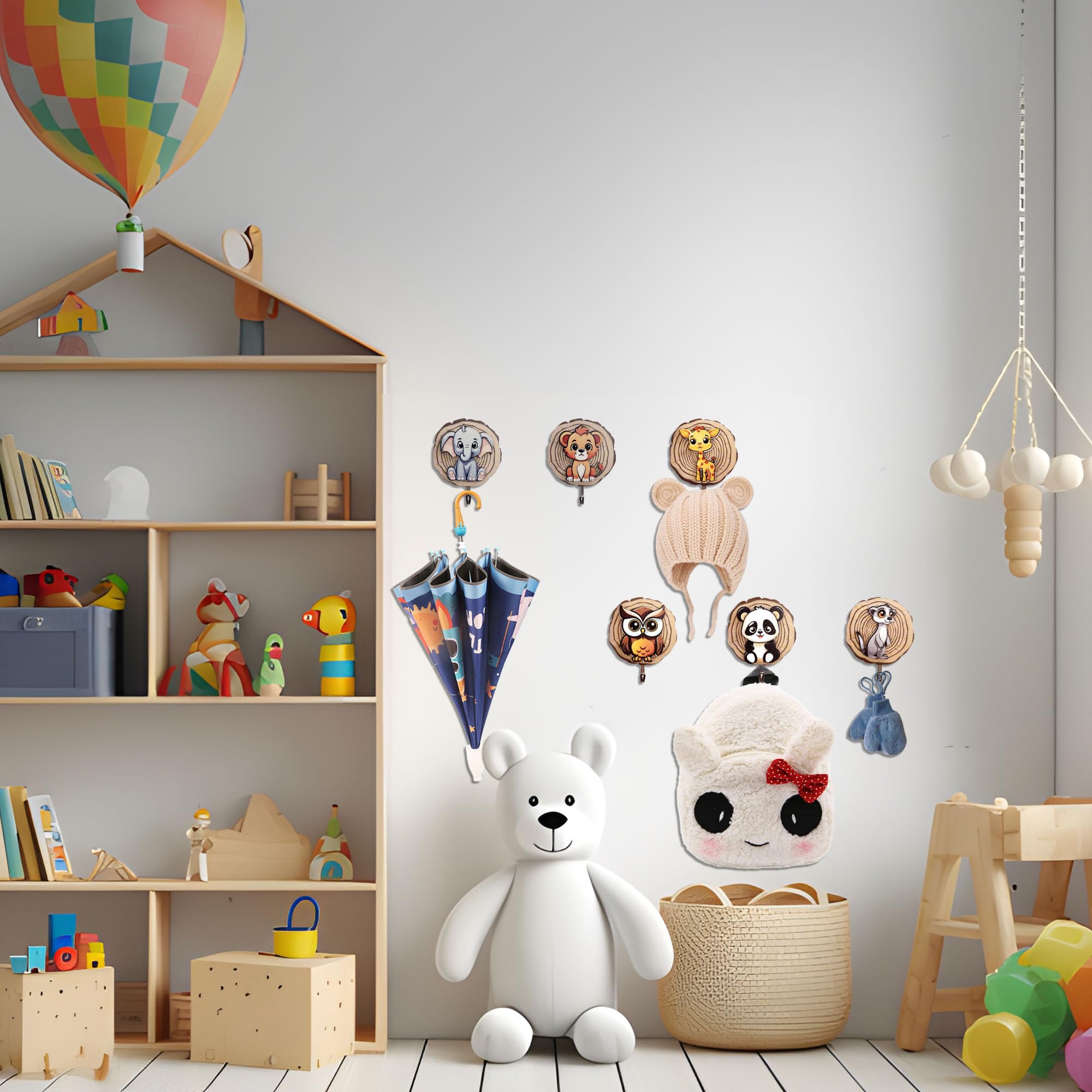 Lot de 6 crochets muraux autocollants en bois pour enfants en forme d'animal - Sans perçage - Pour chambre d'enfant - Cadeau décoratif