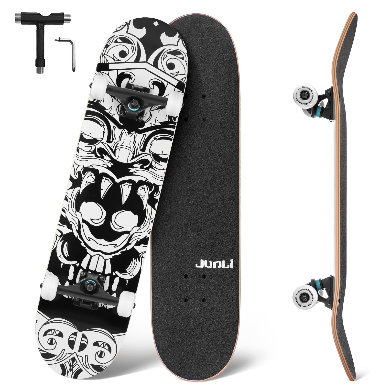 JunliSkateboards for Beginners, 32 Inch Skateboards for Adults Teens Kids Girls and Boys, 8 Layer Canadian Maple Complete Standard Skateboards, Double Kick Concave Skate Board and Tricks Skateboards
