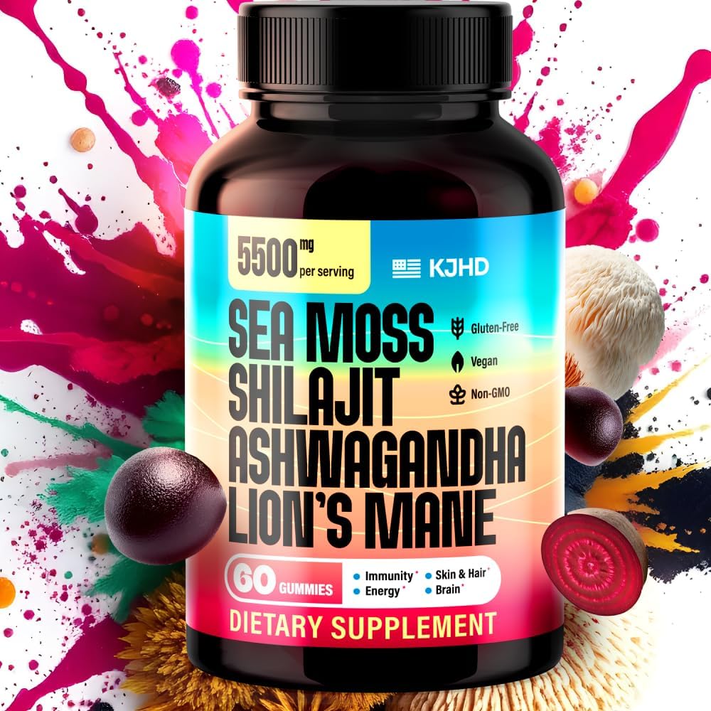 KJHD 2 Pcs Shilajit Ashwagandha Gummies with Sea Moss, Beet Root, Lion’s Mane Mushroom & Black Seed Oil – Organic Herbal Superfood Supplement – 120 Vegan Gummies