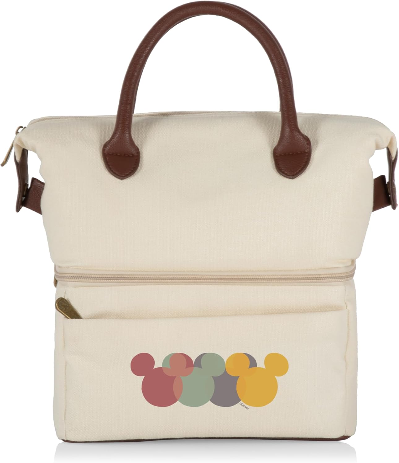 PICNIC TIME Disney Mickey Mouse Urban Lunch Bag Insulated Two Tier Cooler Lunch Tote with Dry Storage and Leatherette Handles Stylish Soft Cooler, (Beige with Brown Accents)