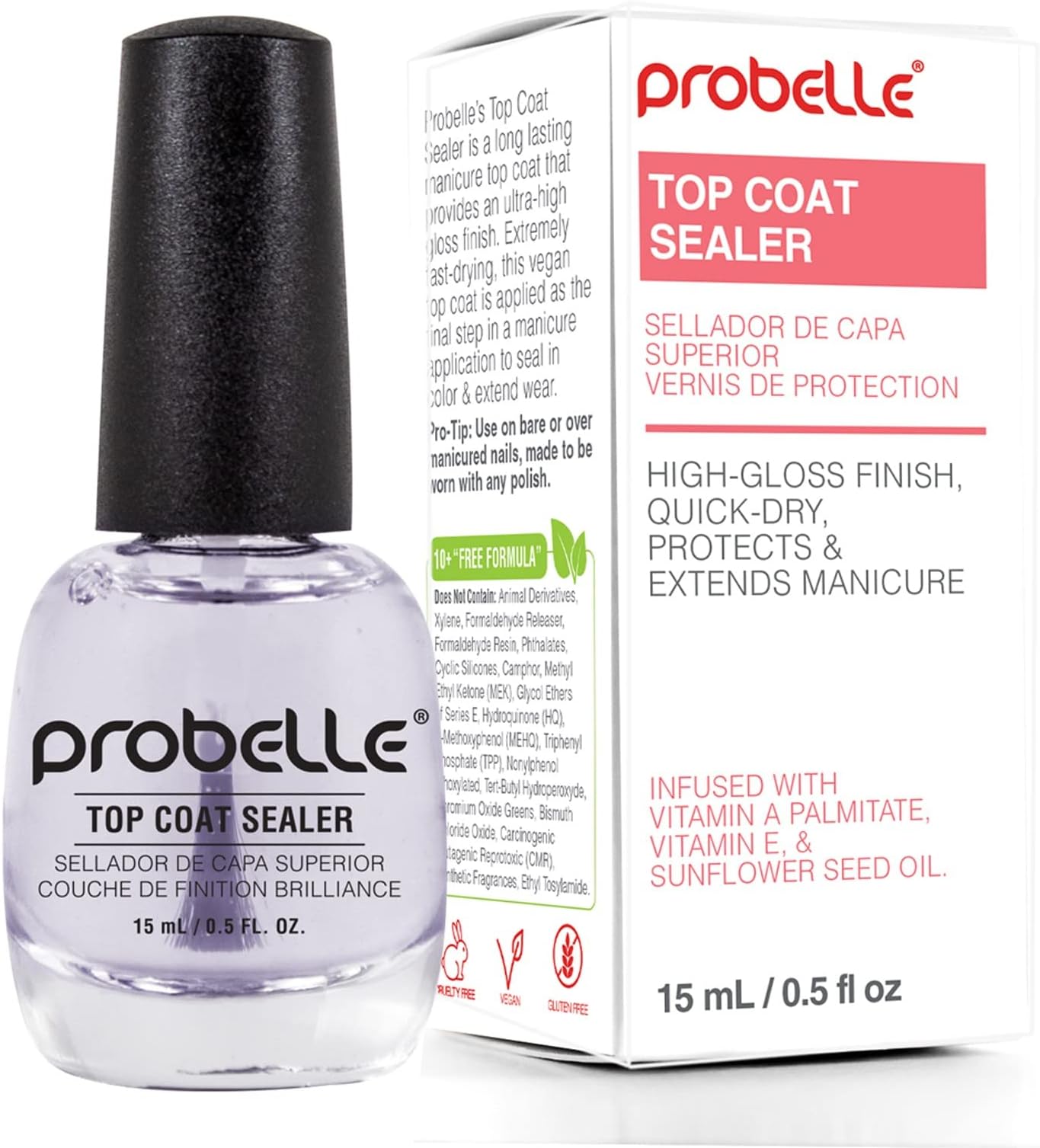 Probelle Top Coat Sealer, Quick Dry Nail Polish Top Coat, High Shine Glossy Nail Finish, Instantly Forms Clear Barrier For Enamel Protection, Fast Dry Manicure, Long Lasting Results, 0.5 fl oz/ 15 mL